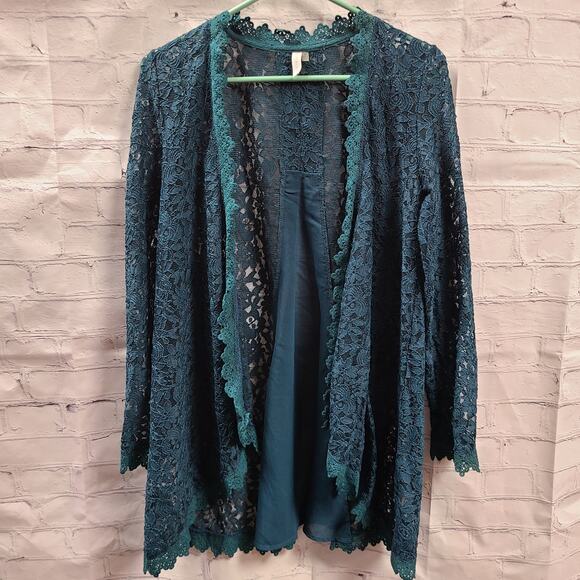 Beautiful Pinkblush Retro-Boho Style Green Lace Cardigan with Split Back Sz S - Picture 1 of 7